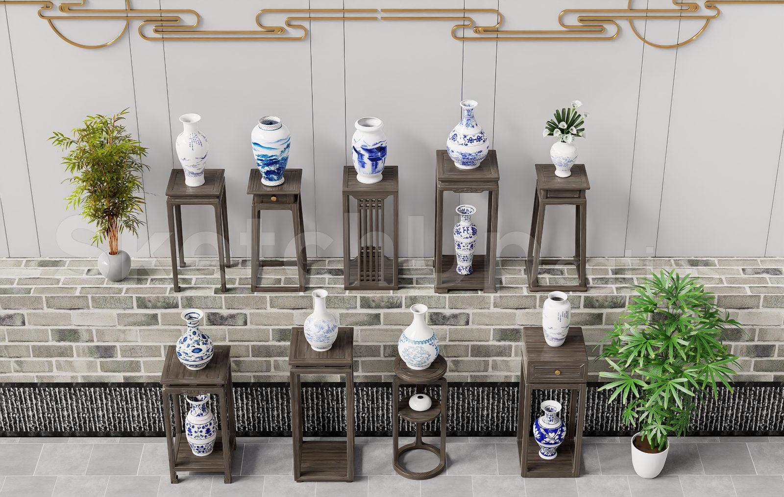 Classic Asian Ceramic Vases and Wooden Stands Collection