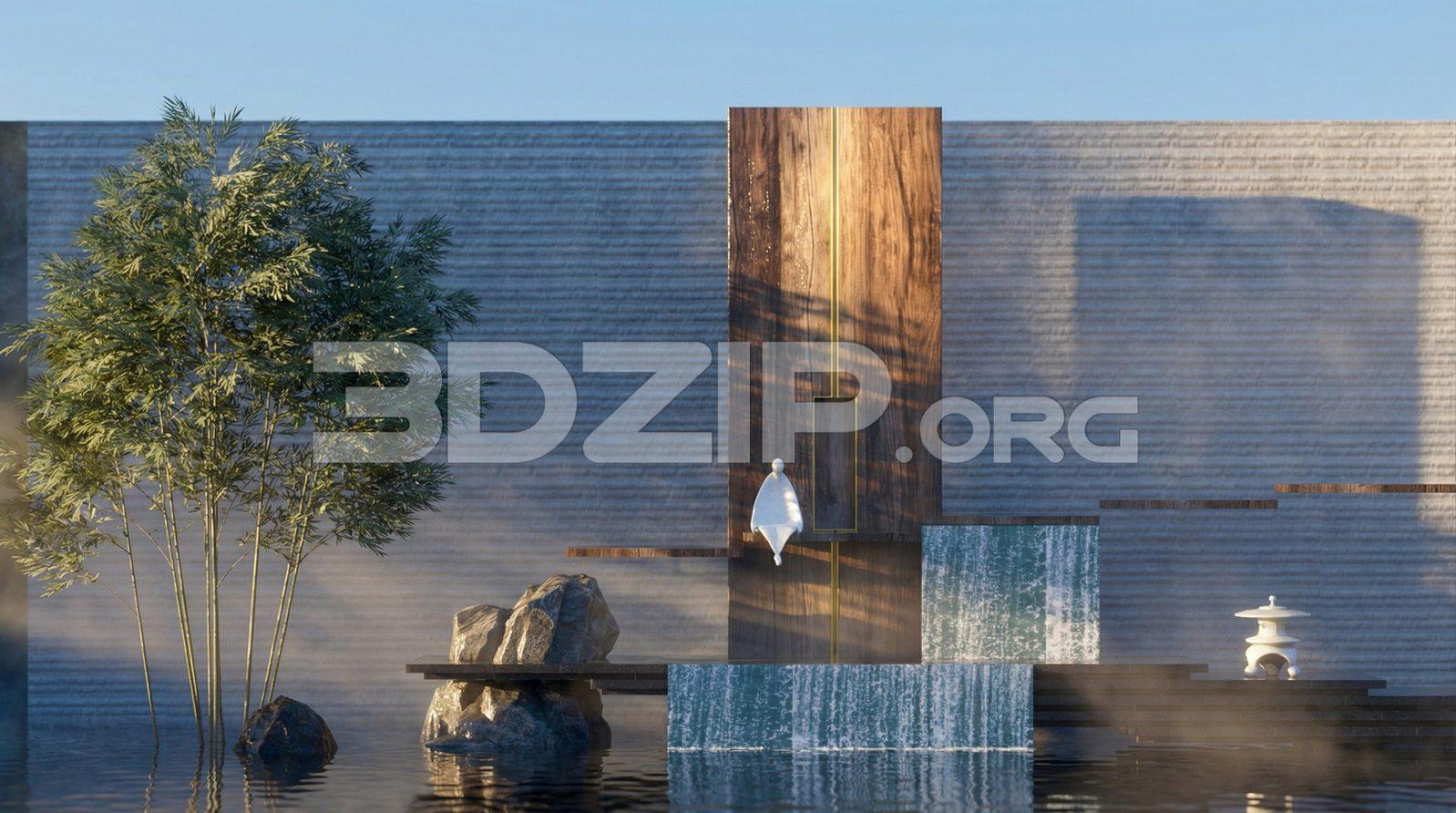 Modern Japanese Zen Garden 3D Model – Water Feature Scene in