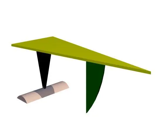 Modern Multicolour Wood Geometric Table – Brazil — perspective rendering of the geometric multicolour table showing tapered top and asymmetric legs