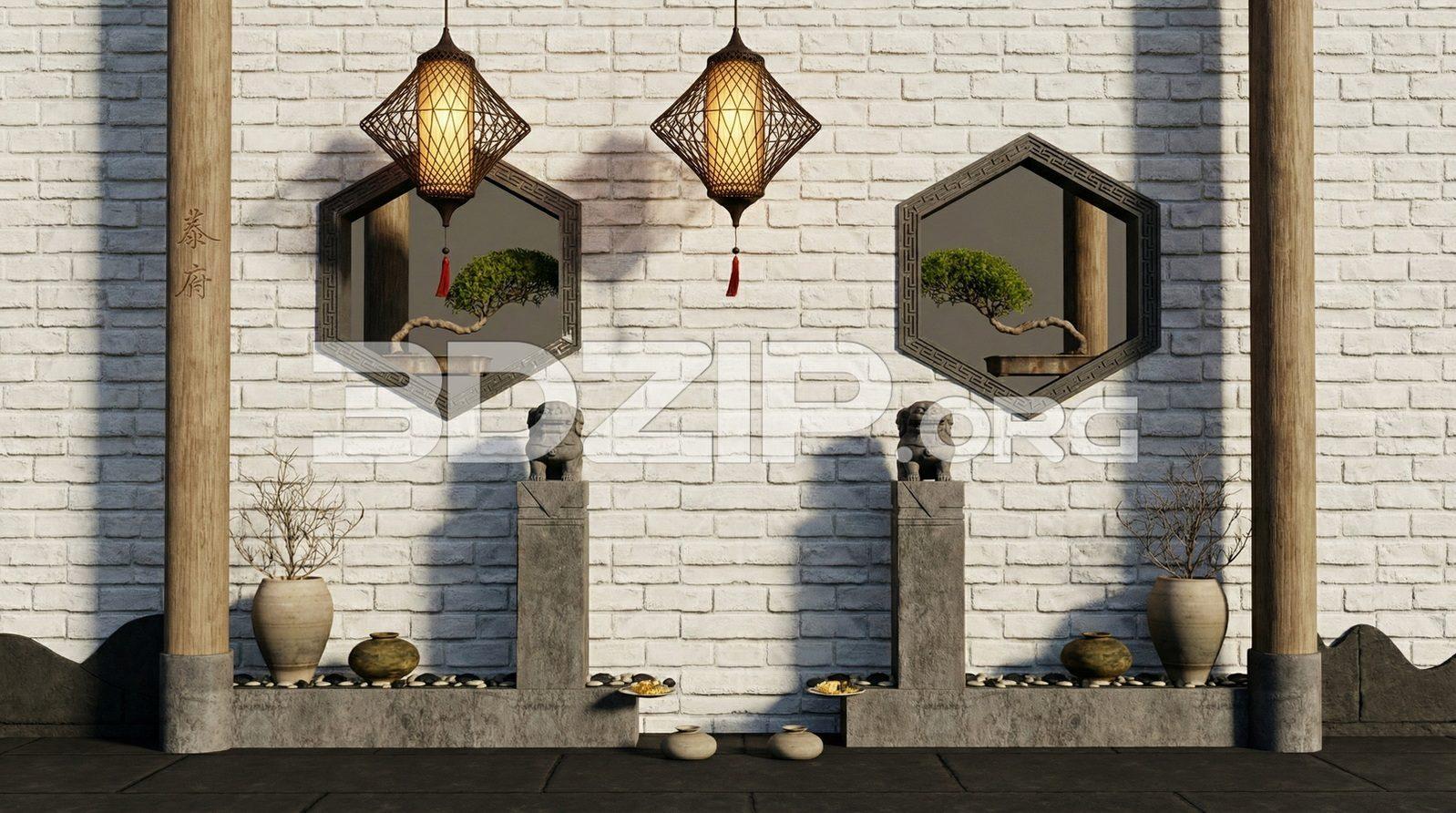 Classic Asian Architecture Wall with Bonsai Windows and Stone Elements