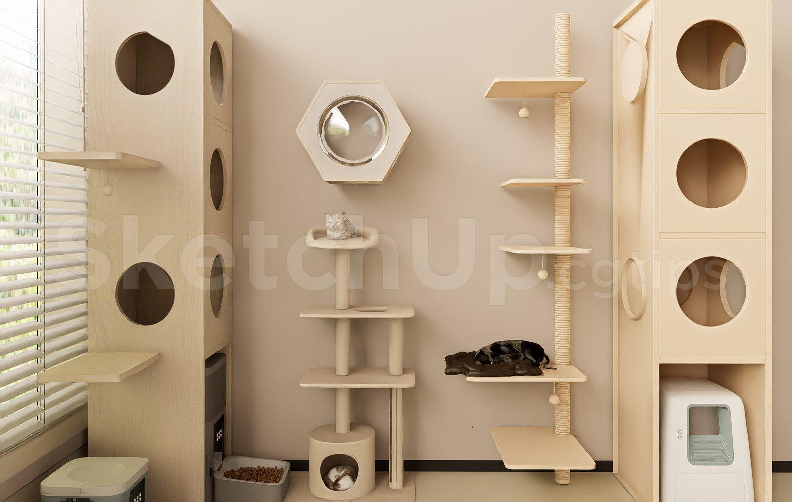 Modern Cat Wall Shelves and Tower SketchUp Model – Pet Interior Design