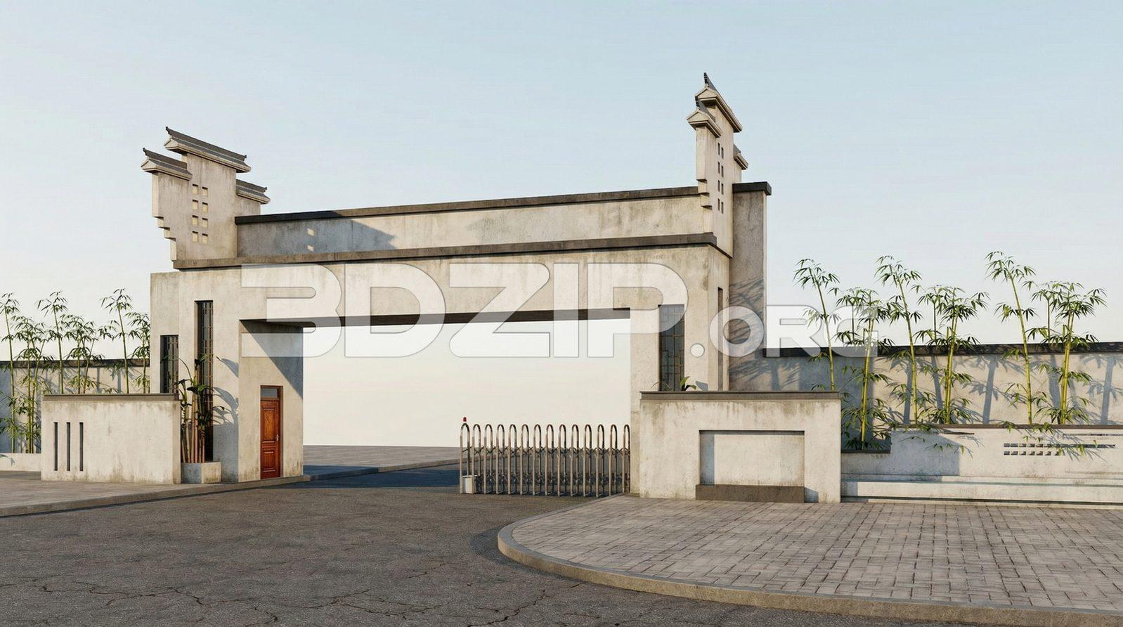 Traditional Asian Entrance Gate with Bamboo Landscape – Architectural Render