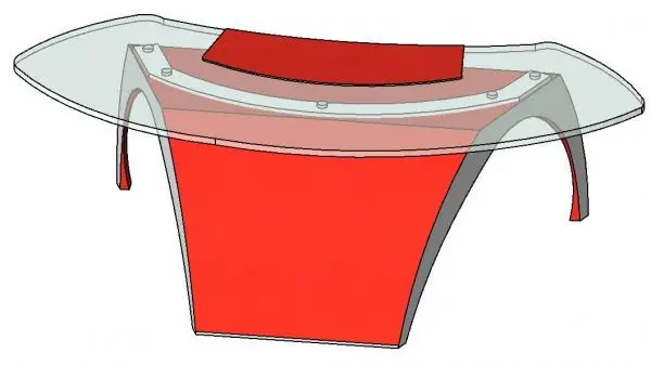 Modern Red Glass Curved Desk – Luna by Pininfarina — perspective view of curved glass executive desk with red sculpted base and modesty panel