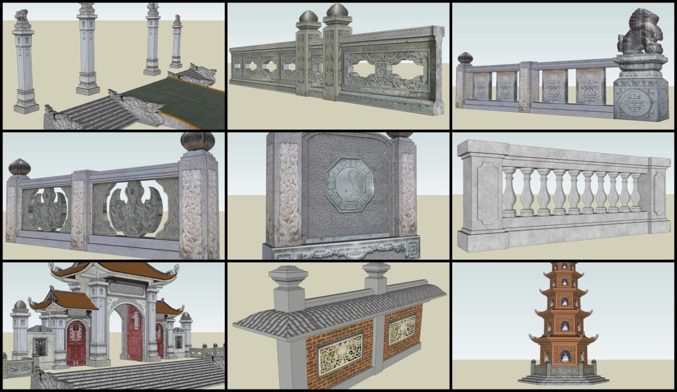 Thư viện sketchup công trình cổng tường rào đình chùa, kiến trúc cổ Việt Nam (P3)