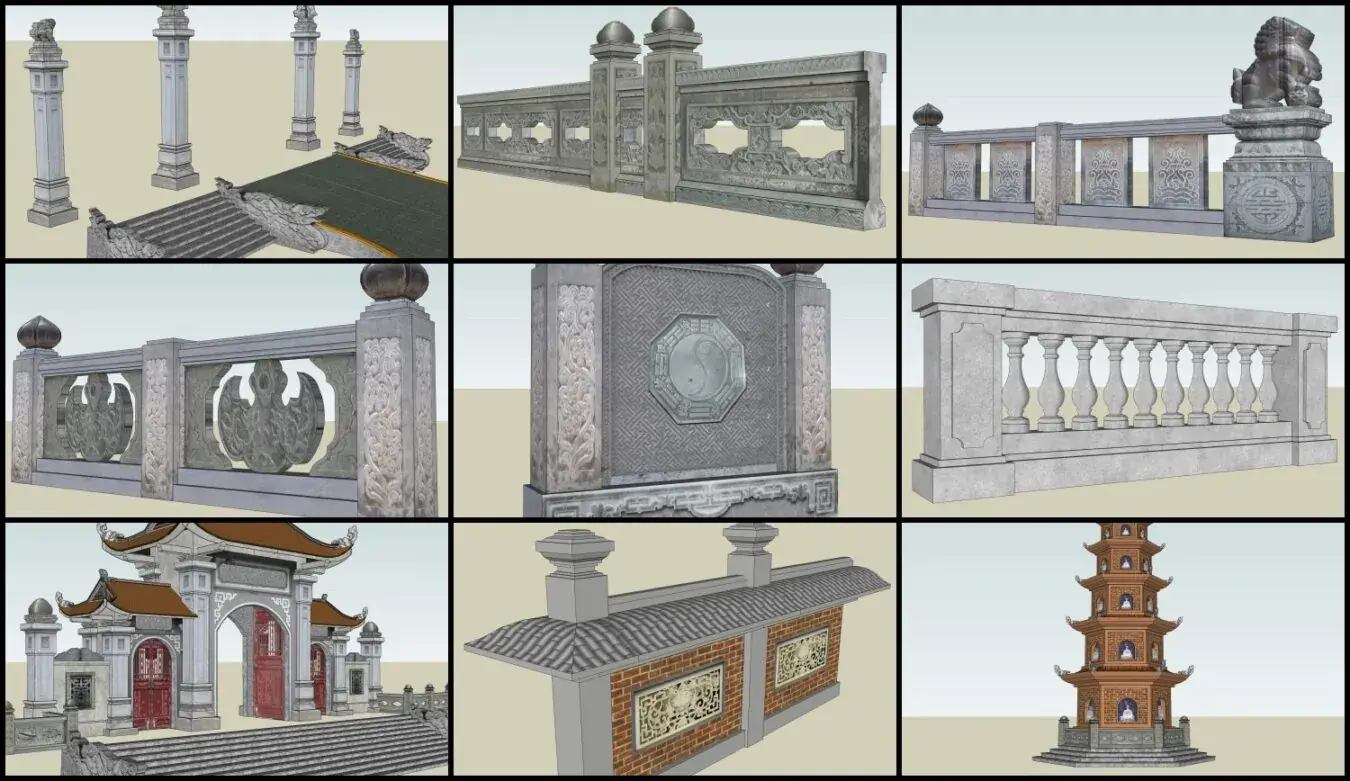 Thư viện sketchup công trình cổng tường rào đình chùa, kiến trúc cổ Việt Nam (P3)