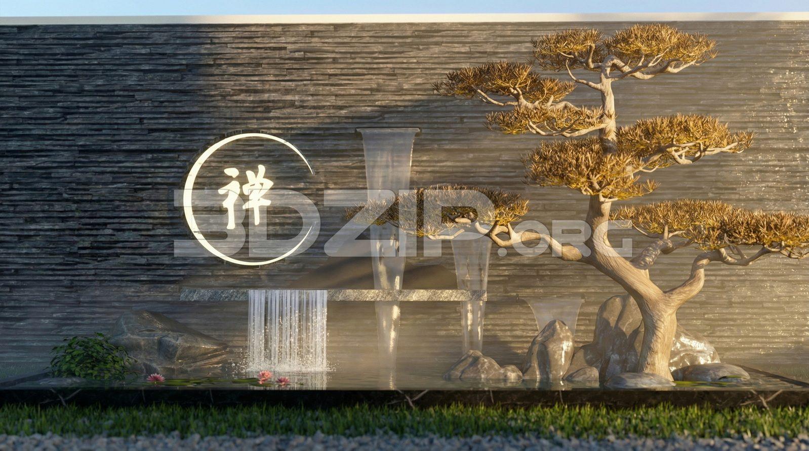 Asian Zen Garden Landscape 3D Visualization with Waterfall