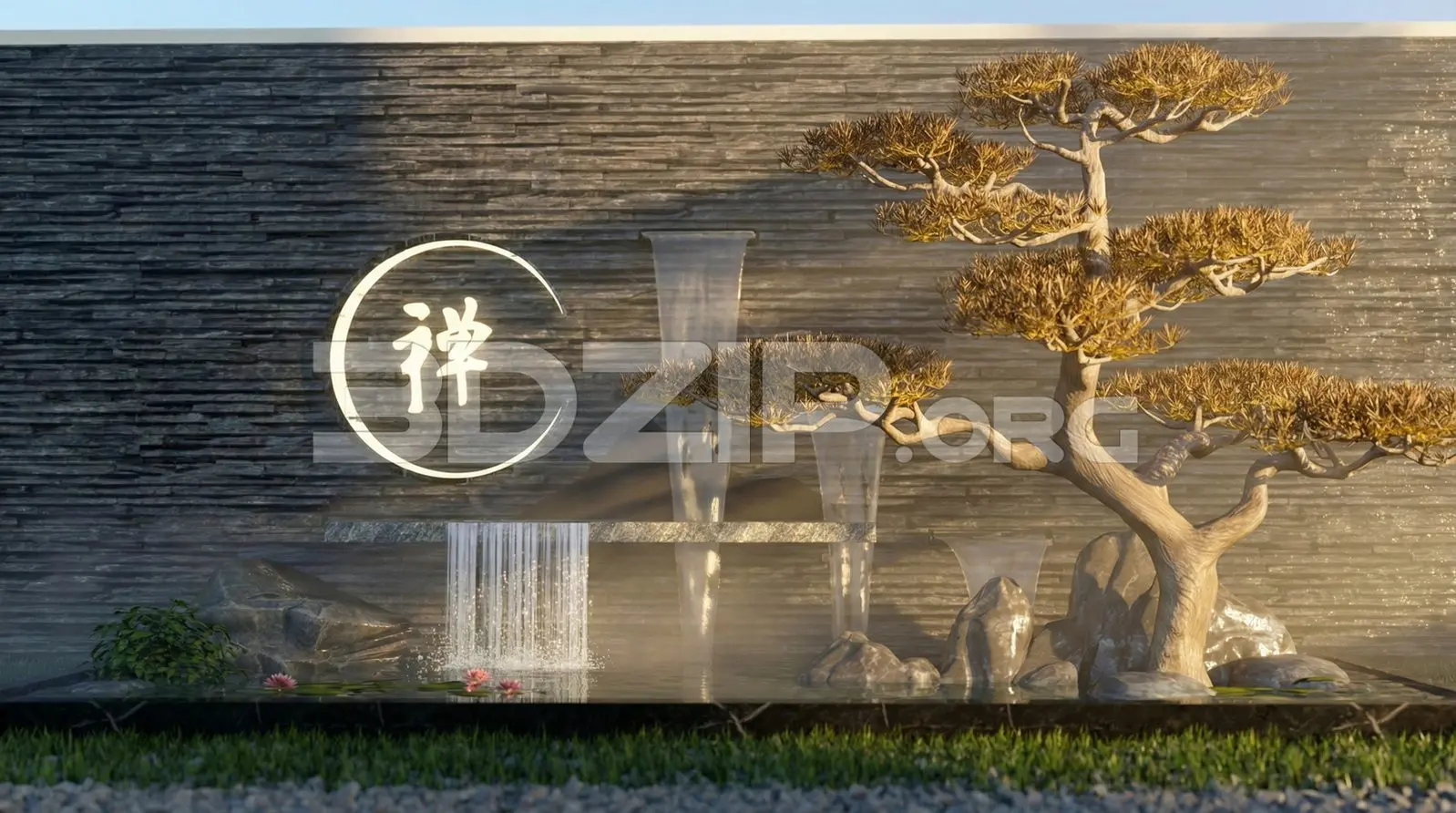 Asian Zen Garden Landscape 3D Visualization with Waterfall