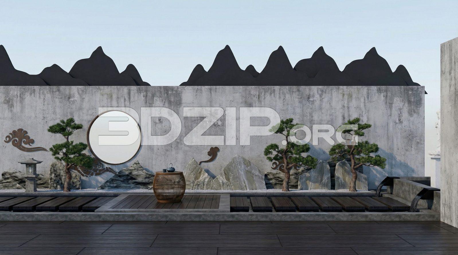 Japanese Style Courtyard with Bonsai and Stone Elements – Exterior Scene