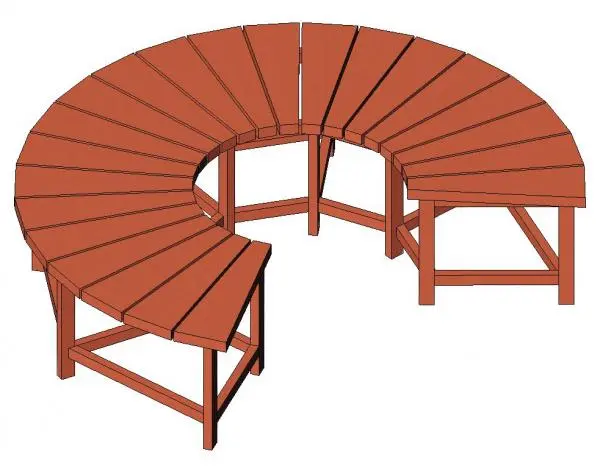 Terracotta Timber Circular Radial Bench — axonometric view of a terracotta timber circular radial bench with open center