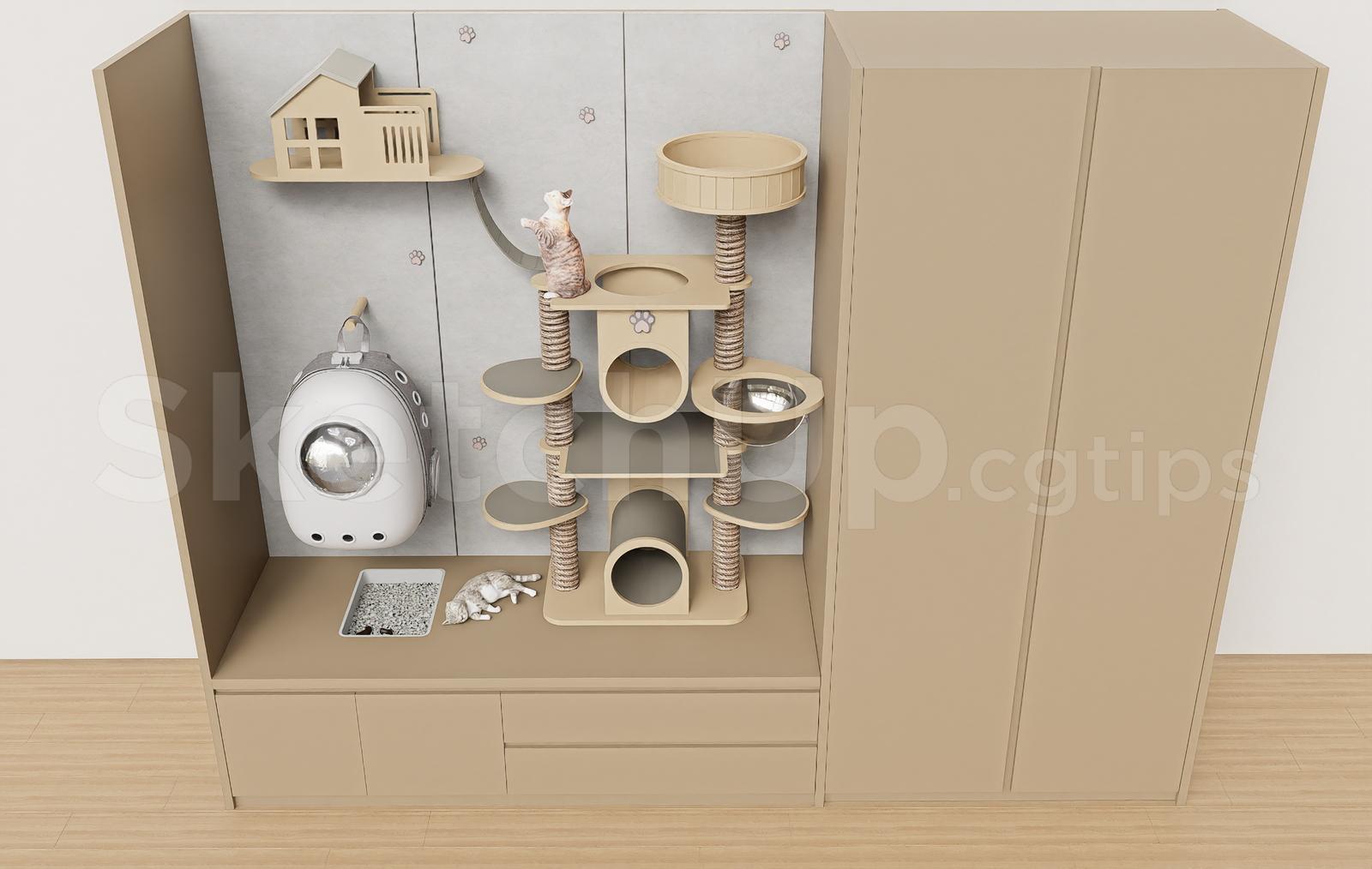 Wooden Cat Tree and Wall Shelf SketchUp Model for Modern Pet Rooms