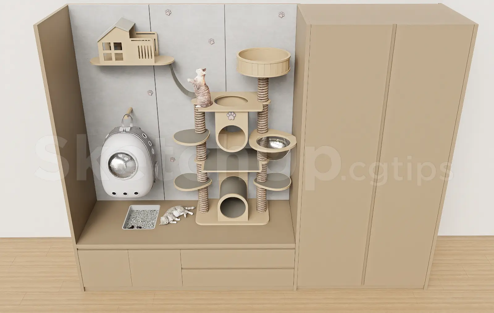 Wooden Cat Tree and Wall Shelf SketchUp Model for Modern Pet Rooms