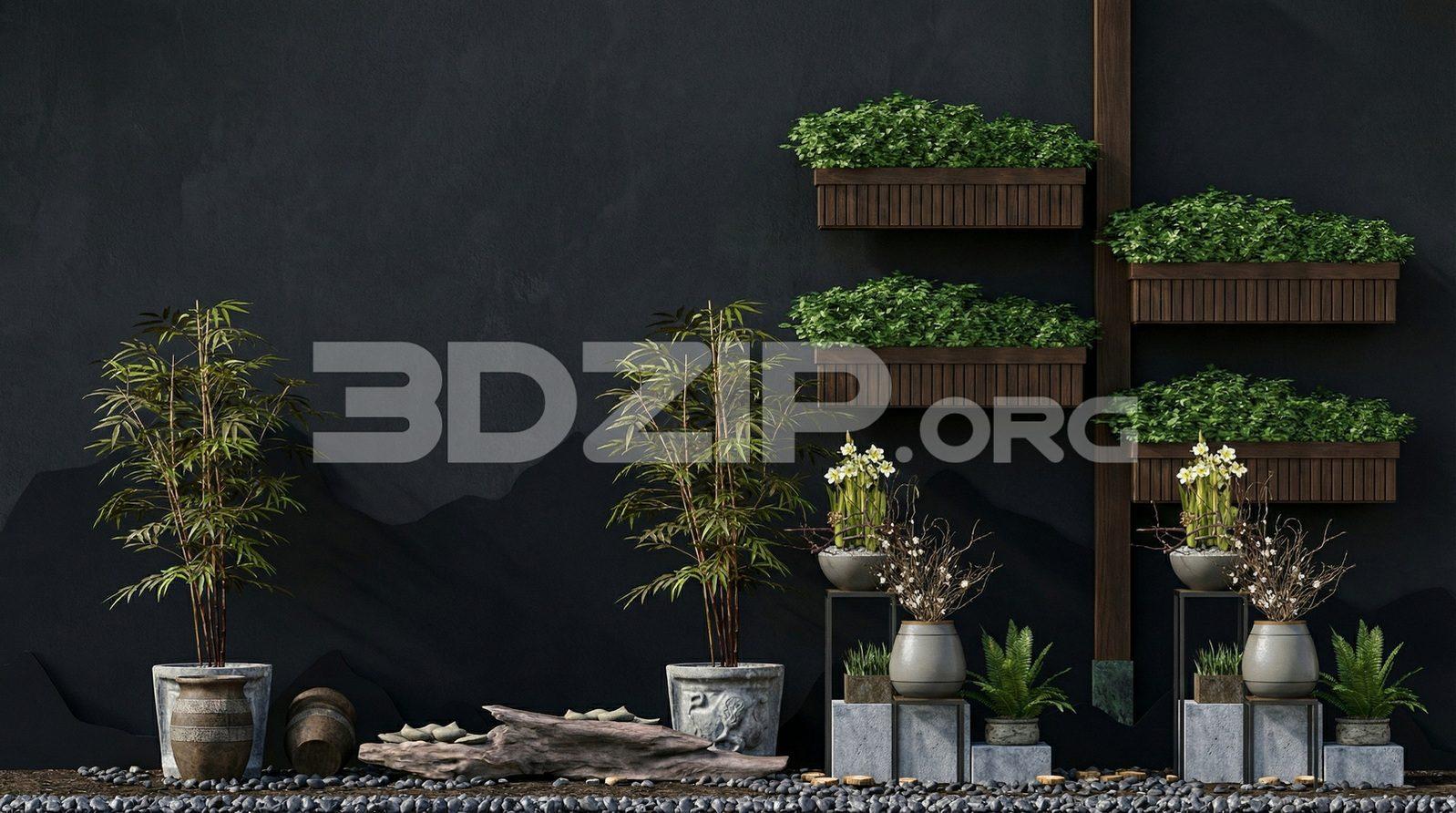 Zen Garden Wall with Greenery and Natural Decor Render Scene