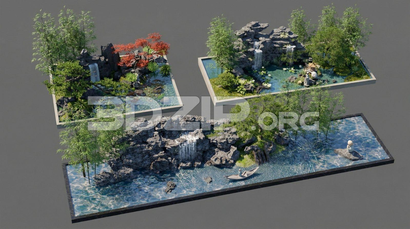 Japanese Style Garden with Waterfall, Rocks and Bamboo Trees