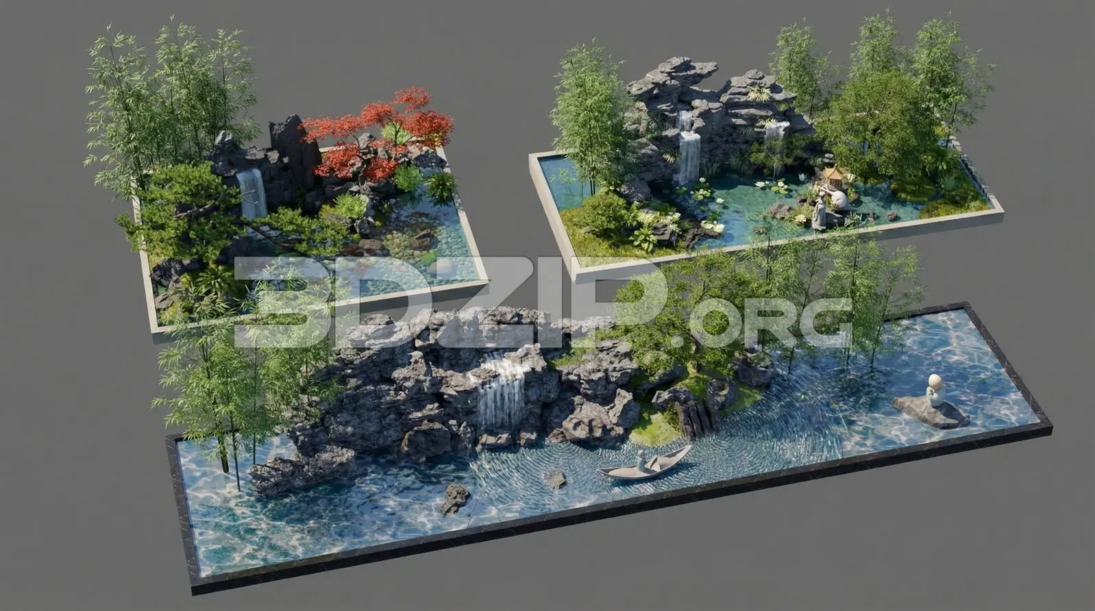 Japanese Style Garden with Waterfall, Rocks and Bamboo Trees