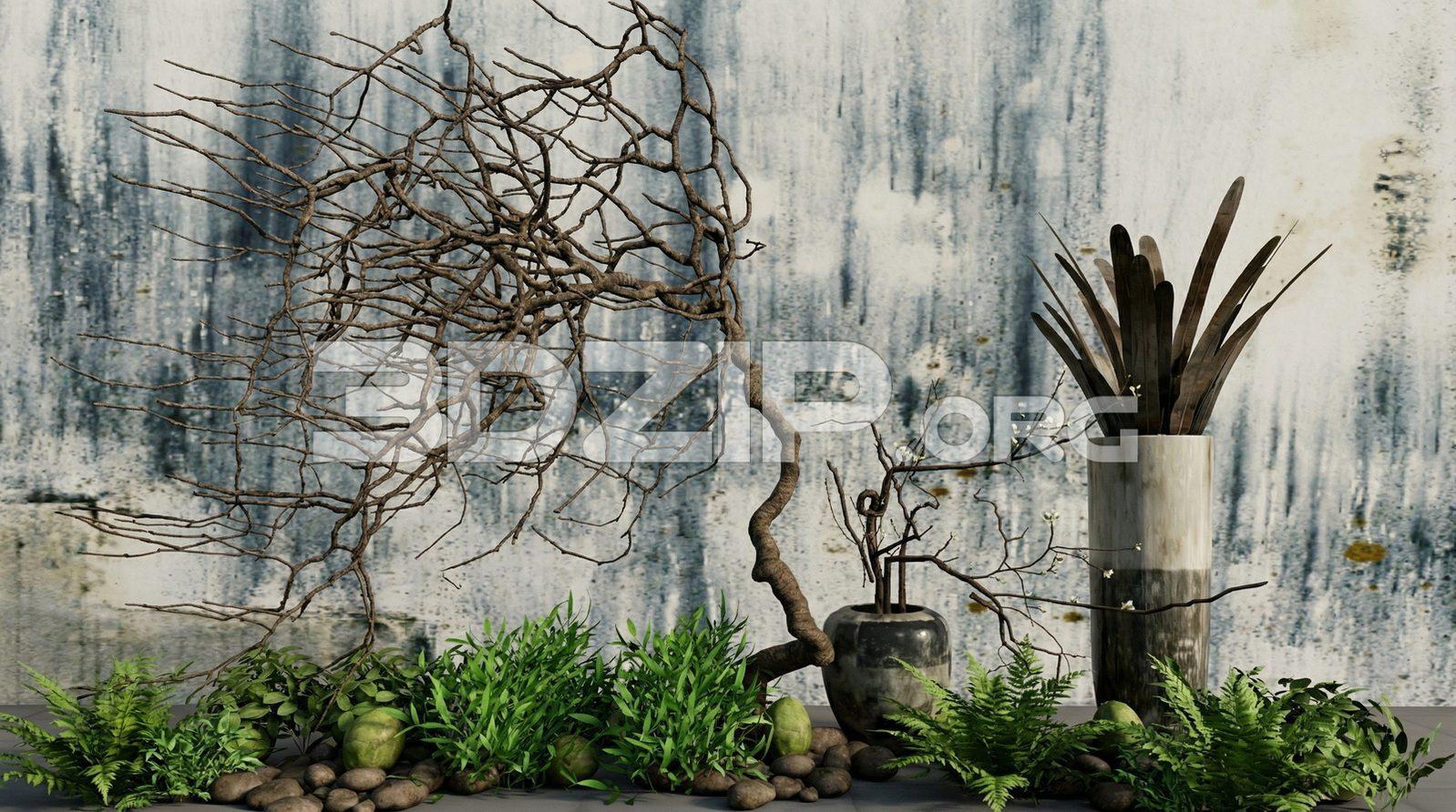Zen Interior Decor Bonsai Tree, Stones and Natural Plant Arrangement